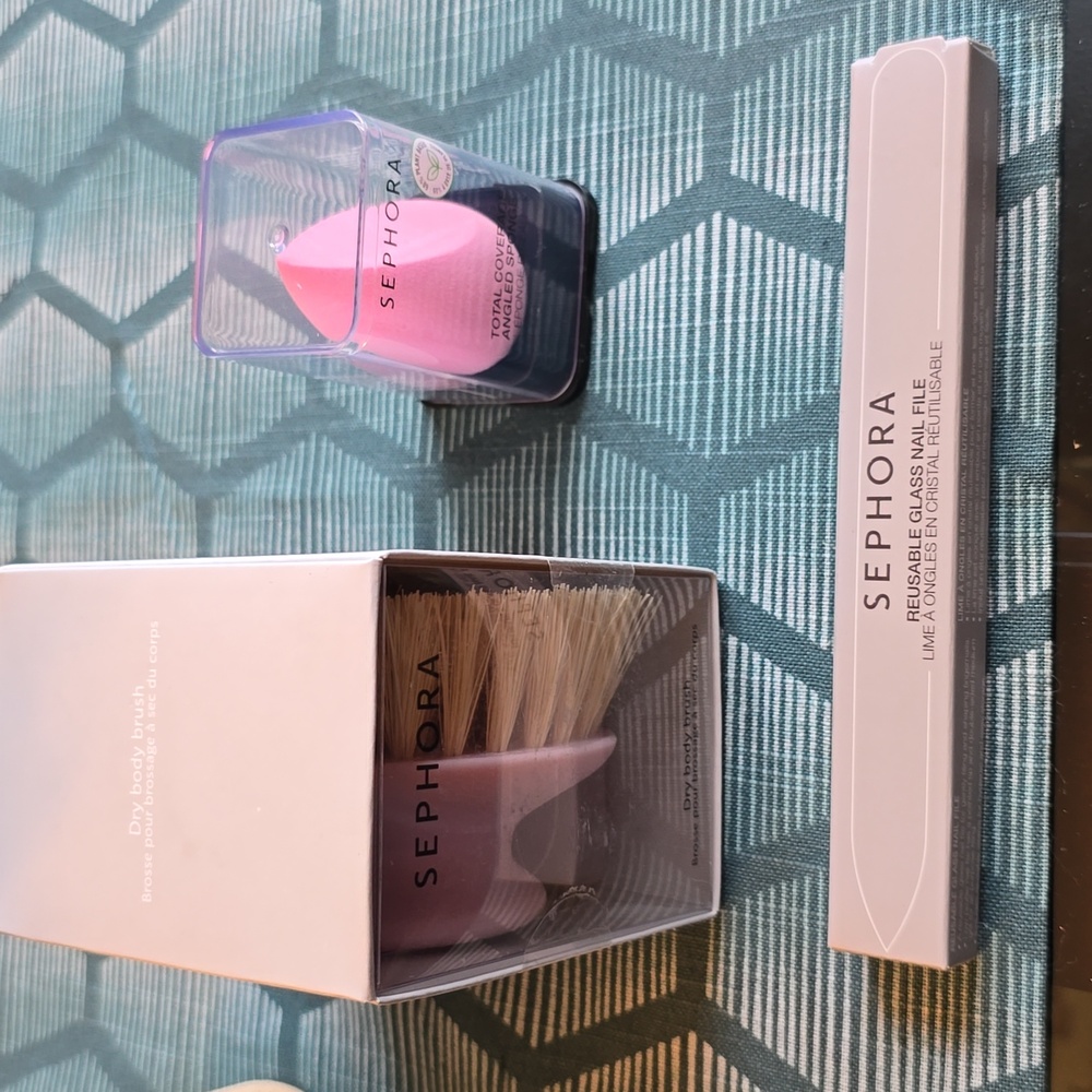 SEPHORA BRAND DRY BODY BRUSH, GLASS NAIL FILE AND SPONGE BUNDLE